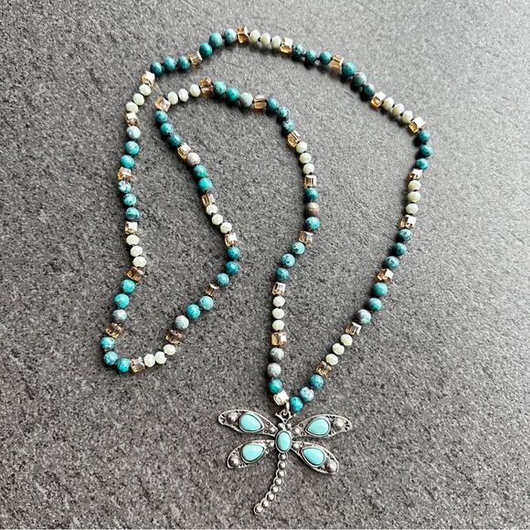Jewelry - NEW Long Knotted Multi-color Bead Necklace Silver & Turquoise Dragonfly Pendant